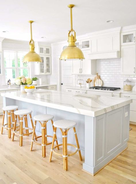 Light Blue and Gray Kitchen Island Blue Kitchen Designs, Grey Blue Kitchen, Blue Kitchen Island, Hamptons Kitchen, Light Blue Kitchens, Hgtv House, Grey Kitchen Island, Blue Kitchen Decor, White Subway Tile Backsplash