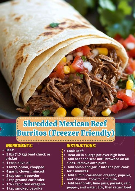 Shredded Mexican Beef, Burritos Freezer, Mexican Burritos, Beef Burritos, Frozen Burritos, Fajita Tacos, Beef Wraps, Mexican Beef, Recipes Authentic