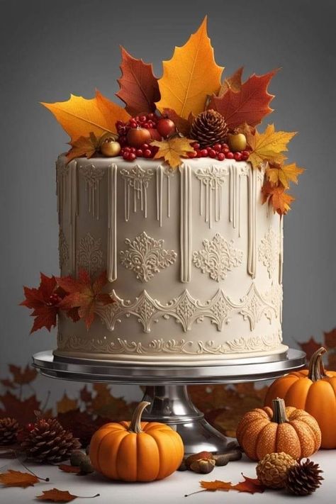 Autumn Cake Ideas Birthday, Fall Themed Cakes, Autumn Cake Ideas, Autumn Cake, Thanksgiving Cake, Elegant Thanksgiving, Fall Cake, Thanksgiving Cakes, Holiday Cake