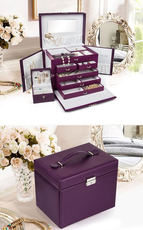 Elegant Purple Mirrored Large Capacity White Interior Jewelry Box Penyimpanan Makeup, Jewelry Box Design, Wedding Gift Pack, Purple Mirror, Wedding Gifts Packaging, Large Jewelry Box, Jewelry Box Diy, Leather Jewelry Box, Jewelry Quotes