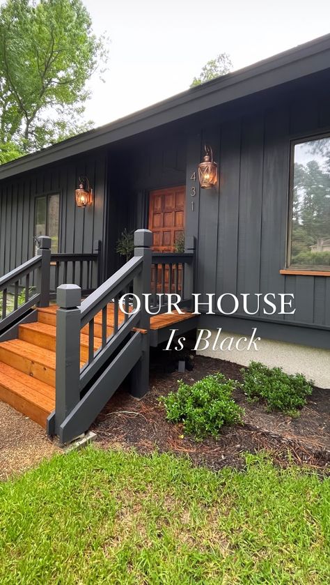 Stacy Wilson | Home Styling & Design | We did it! We painted our house BLACK!!! 🖤 I’ve waited to do this foreverrr!!! Summer isn’t the best time to paint, but when the hubs says … | Instagram House Painted Black Exterior, Make Mobile Home Look Like House, Wood House Paint Exterior, Black Siding With White Windows, Camper Exterior Paint Ideas Black, Painting Vinyl Siding Black, Grey And Black Mobile Home Exterior, Painting House Black, Black Manufactured Home