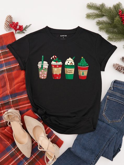 Xmas Tees, Cartoon Black, Round Neck Tees, Christmas Print, Crew Neck Shirt, Inspiration Mode, Christmas Prints, Graphic Tee Shirts, Christmas Shirts