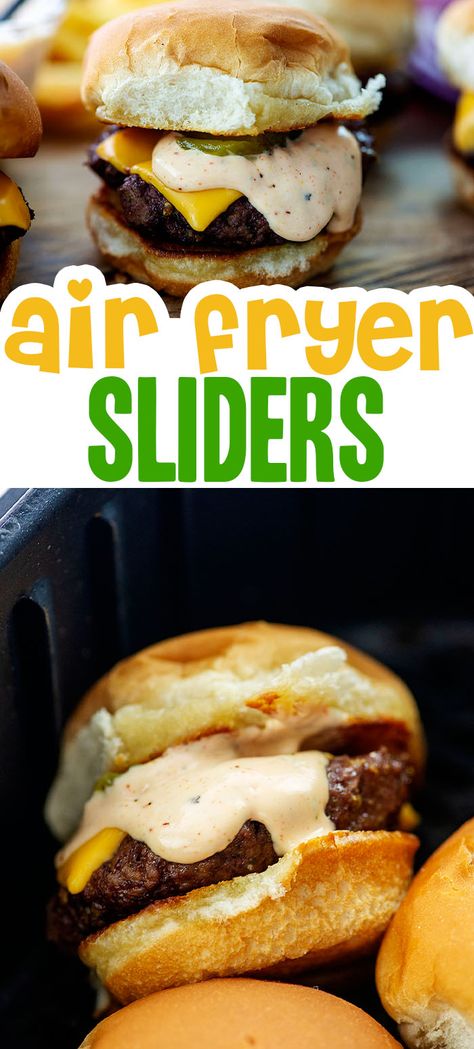 Airfryer Sliders, Air Fry Sliders, Air Fryer Mini Burgers, Hamburger Sliders In Air Fryer, Cheeseburger Sliders Air Fryer, Sliders Recipes Hawaiian Rolls Air Fryer, Air Fryer Sliders Recipes, Air Fryer Hamburger Sliders, Air Fryer Slider Burgers