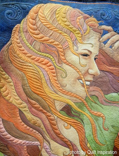 detail, Windblown by Maria Elkins. Photo by Quilt Inspiration: SAQA People and Portraits art quilt exhibit 2016 Quilted Faces, Textile Portraits, Collage Faces, Quilt Collage, Portrait Quilts, Textile Art Techniques, Textile Collage, Landscape Art Quilts, Portraits Art