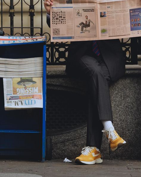 . Our SS24 campaign captures moments of movement and thought processes on a London commute and in the workplace. 🏃‍♂️ Featured is our Osier S-Strike Suede Mix College Yellow. Now available on our website 🤝 . 📸 @james_re . . . . . . . . #stepneyworkersclub #stepneyworkersclubsneakers #movement #sneakers #sneakerhead #sstrike #swc #ootd Sneakers Editorial Photography, New Balance Campaign, Street Product Photography, Commute Photography, Shoe Marketing, Athletic Editorial, London Commute, Sneakers Campaign, Shoe Product Photography