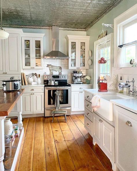 The look and feel of this bathroom is everything I want... really, everything is in Jenny’s @farmhouseluv home! Be sure to give Jenny… Tin Ceiling Kitchen, Cob Kitchen, Kitchen With Storage, Decorative Ceiling Panels, Ceiling Kitchen, Tin Ceilings, Tin Ceiling Tiles, Tin Ceiling, Ceiling Ideas