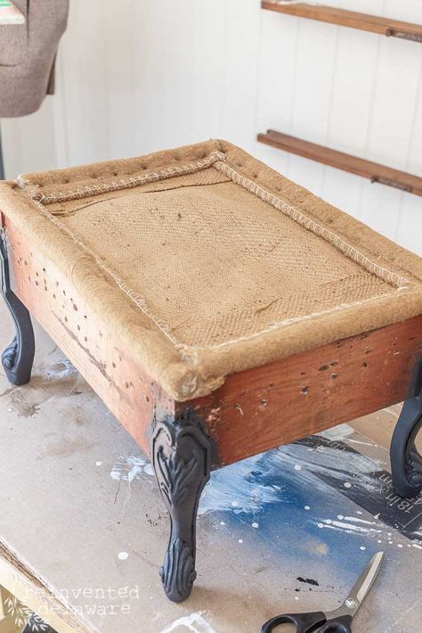 How To Upholster, Upholstered Footstool, Upcycled Furniture Diy, Upholstery Tacks, Vintage Farmhouse Style, Upholstery Diy, Carved Legs, Full Disclosure, Budget Friendly Decor