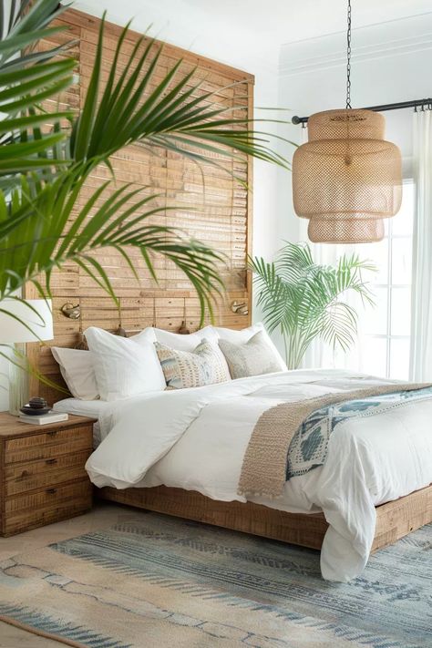 Luxury Tropical Interior, Tropical Room Ideas Bedroom, Tropical Headboard, Rattan Bedroom Ideas, Bali Room, Cozy Coastal Bedroom, Tropical Room Ideas, Bali Bedroom, Tropical Chic Decor