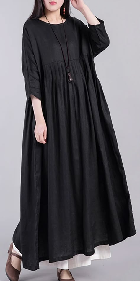 French wrinkled linen clothes Neckline black Dresses autumn Loose Dress Outfit, Black Bridal Dresses, New Long Dress, Linen Loose Dress, Casual Cotton Dress, Cotton Night Dress, Moslem Fashion, Dresses Autumn, Shabby Chic Clothes