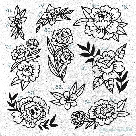 Flash Pages Tattoo, Tattoo Flash Sheet Flowers, Flower Flash Sheet, Floral Tattoo Flash, Traditional Flash Sheet, Flower Outline Tattoo, Tattoo Sheets, Flash Ideas, Flash Sheets