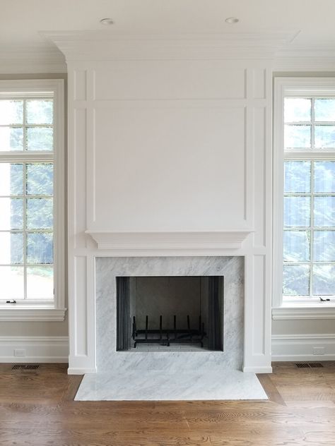 MANTELS AND FIREPLACES — HALKETT Transitional Fireplace Design, Fireplace Between Windows, Fireplace Molding, White Fireplace Mantels, Wood Fireplace Surrounds, Fireplace Trim, Fireplace Mantel Designs, Tall Fireplace, Stone Fireplace Surround