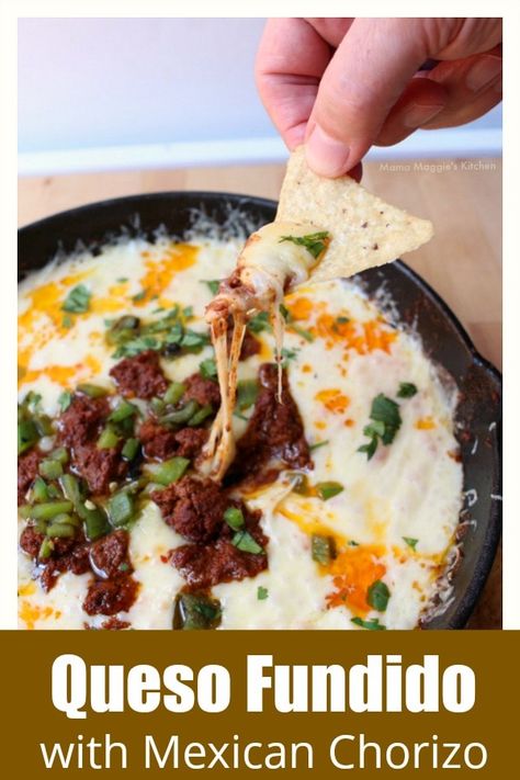 This cheese is sure to please. My friends loved this dish. I heard people say, “Oh my gawd!” and “Give me the recipe!” Now they know that I didn’t slave for hours and days to make this incredibly tasty dish. Lol. Cheers to easy entertaining. Hope you enjoy! By Mama Maggie's Kitchen Best Queso Fundido, Chorizo Fundido Dip, Chorizo Appetizer Recipes, Choriqueso Recipe, Queso Fundido With Chorizo, Mexican Appetizers Easy, Queso Fundido Recipe, Chorizo Dip, Fundido Recipe