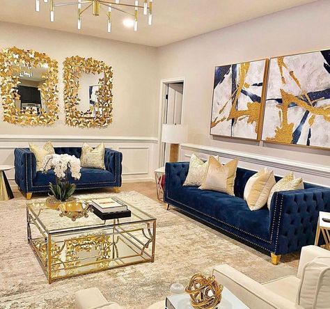 ’s the Blue and Gold got me 🤩!! This beautiful living room set us available in many colors!! 3101 NW. 27th Ave., Miami, FL 33142 ..........… Royal Blue Living Room Decor Ideas, Royal Blue And Gold Living Room, Royal Blue Living Room Decor, Blue And Gold Living Room, Lavish Living Room, Blue Couch, Apartment Decorating Living, Gold Living, Family Room Makeover