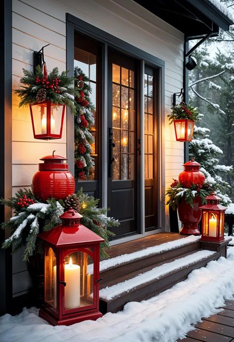 21 Best Red and White Christmas Decor Ideas 2024 30 Lantern Christmas Decor Ideas, Outdoor Christmas Lanterns, Red And White Christmas Decor, White Christmas Decor Ideas, Lantern Christmas Decor, Plaid Christmas Tree Skirt, White Garland, Lantern Christmas, Lantern Ideas