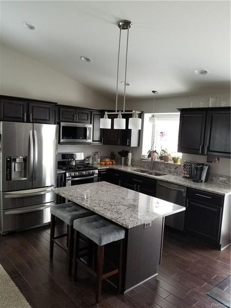 Kitchen Ideas Suburban, Kitchen Claims For Dr, House Claims Shifting Interior, House Claims For Dr, House Claims Shifting, Dr Kitchen, Apartment Kitchens, The Life I Want, Dark Cabinets Light Floor