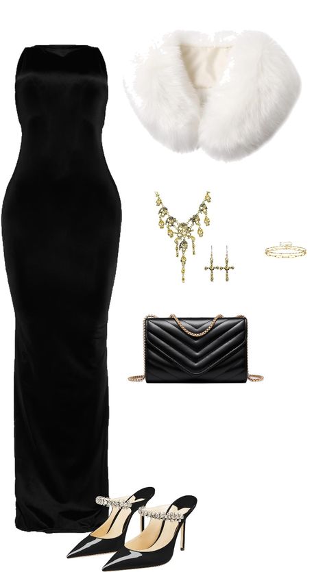 Sleeveless dress, heels, shoulder handbag, necklaces, earrings, bracelet, fur coat, mob wife outfit, mob wife aesthetic Mob Princess Aesthetic, Elegant Fur Coat, Fancy Clothes Aesthetic, Glam Winter Outfits, Old Hollywood Outfit Ideas Casual, Russian Mob Wife Outfit, Mob Wife Dress, Mafia Dress Outfit, Necklace For Off The Shoulder Dress