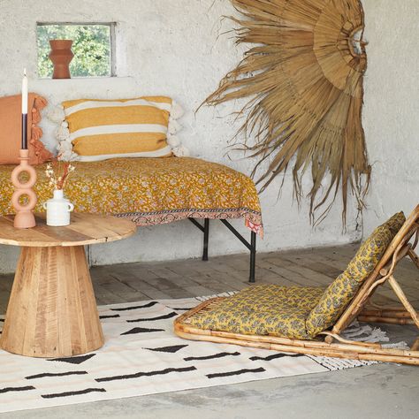 Spring Inspo Archives - Curious Egg Round Wooden Coffee Table, Iris Hantverk, Pouf Design, Boho Cushions, Natural Interior, Moving Furniture, Striped Cushions, Candle Art, Modern Pillows