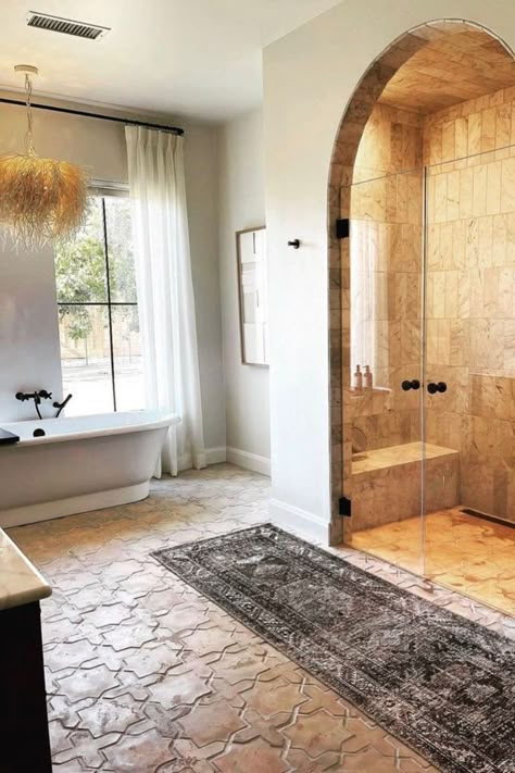 @dlb.design on IG created quite the master bathroom renovation here. Natural selections for both walls and floor from @artobrick & @nsrstone — what’s not to like? Posted by Creative Tile in Fresno, CA. #spanishrevival #spanishstylehome #flooring #floortiles #tiledesign #artobrick Modern Spanish Bathroom, Spanish Revival Bathroom, Spanish Style Bathrooms, Mediterranean Bathroom, Shower Floors, Creative Tile, Dream Farmhouse, Primary Bath, Spanish Style Home