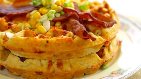 Bacon & Cheddar Cornmeal Waffles Cheddar Waffles, Cornmeal Waffles, Bacon Waffles, Waffle Iron Recipes, Baking Breakfast, Bigger Bolder Baking, Jiffy Cornbread, Breakfast Routine, Corn Bread Recipe