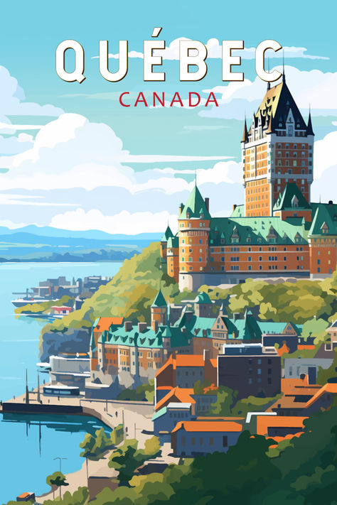 Retro art poster featuring the historic Old Quebec City with its charming streets and landmarks, rendered in a vintage style. Ideal for collectors and decor enthusiasts. Old Quebec City, Posters Canada, Travel Photo Album, Old Quebec, Around The World In 80 Days, Global City, Retro Travel Poster, City Poster, Travel Sketches