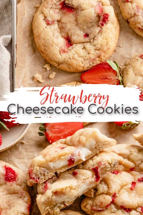 Trending Desserts 2024, Infused Cookies, Strawberry Cookie Recipe, Strawberry Cream Cheese Cookies, Fun Cheesecake Recipes, Strawberry Cheesecake Cookies, Cheesecake Cookies Recipes, Valentine Goodies, Easy Strawberry Cheesecake