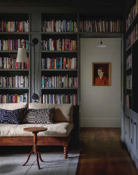 Absolutely beautiful old house renovation in Iowa with inspiring details Book Lovers Home, Tv On Bookcase, Old Schoolhouse Aesthetic, Bookshelves Around Windows, Old Houses Interior, Old Library Aesthetic, 1800 House, Vintage Home Library, Historic Home Interiors