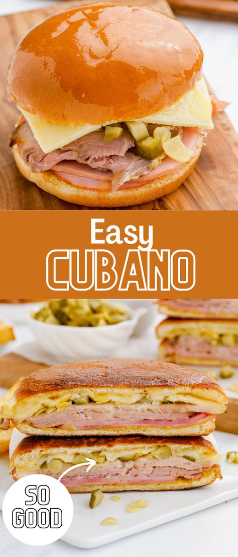 An easy to make cuban sandwich that has layers and layers of flavor with deli ham, roast pork, sour pickles, swiss cheese, and a hearty bun. Deli Ham Sandwiches, Deli Sliced Ham Recipes, Sliced Deli Ham Recipes, Recipes With Deli Ham, Deli Ham Recipes, Ham Roast, Bite Size Appetizers Easy, Cuban Sandwiches, Cheese Pickles