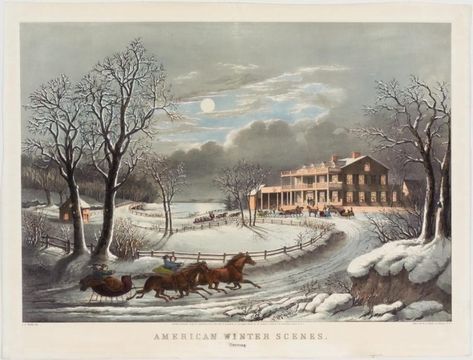 Horse drawn sleighs arriving from lower left to a large residence at end of lane in right background. Frances (Fanny) Palmer was born in England and she and her husband ran a lithography business before arriving in New York City in 1844. By 1850... Courier And Ives, Currier And Ives Prints, Christmas Image, Americana Art, Christmas Blessings, Currier And Ives, Sleigh Ride, Winter Art, Vintage Painting