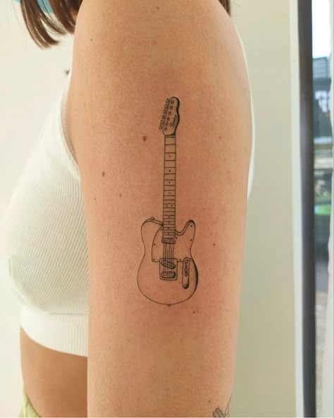 Fineline Guitar Tattoo, Line Art Guitar Tattoo, Cute Tattoos Music, Minimalistic Guitar Tattoo, Guitar Tattoo Aesthetic, Guitar Related Tattoos, Dainty Guitar Tattoo, Tiny Guitar Tattoo, Guitar Outline Tattoo