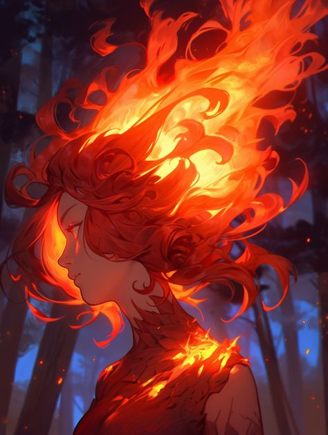 Fire Woman Drawing, Fire Genasi Woman, Flame Hair Drawing, Fire Elemental Character Design, Fire Hair Art, Fire Hair Drawing, Fire Genasi, Fire Mage, Phoenix Hair