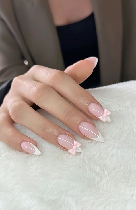 Fall Nail Inspiration, White Nail Ideas, Bow Nail Designs, Bow Nails, Bow Nail, Baby Pink Nails, Girly Acrylic, Cute Simple Nails, Nagel Tips