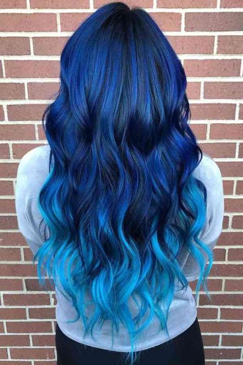 Blonde To Blue Ombre Hair, Blue Vivid Hair Color, Blue And Rainbow Hair, Dark Blue To Light Blue Hair Ombre, Shades Of Blue Hair Color, Blue Fade Hair, Blue Hair Ideas For Brunettes, Winter Blue Hair, Blue Bayalage Hair