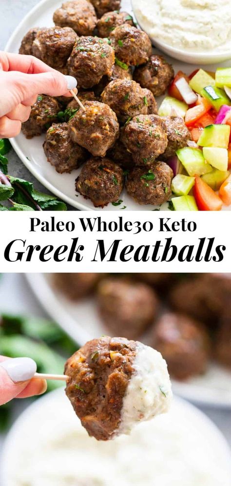 Greek Meatballs With Tzatziki Sauce, Meatballs With Tzatziki Sauce, Greek Meatballs Recipe, Whole30 Meals, Paleo Appetizers, Primal Diet, Greek Meatballs, Easy Whole 30 Recipes, Meat Appetizers