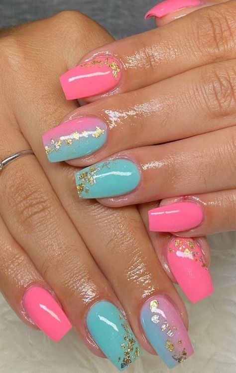 Turquoise And Pink Nails Designs, Turquoise Pink Nails, Teal And Pink Nails Ideas, Pink And Turquoise Nails Summer, Teal Pink Nails, Turquoise Dip Nails, Pink And Aqua Nails, Pink Turquoise Nails, Turquoise Nail Designs Summer