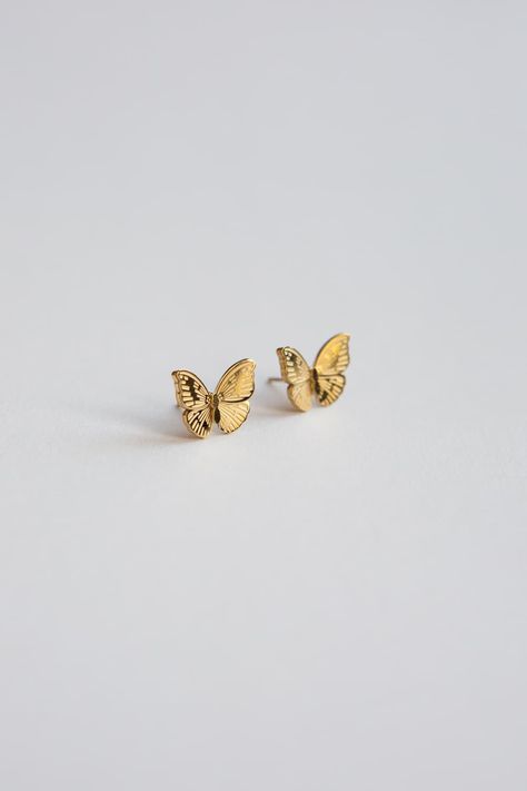 Gold Butterfly Stud Earrings, Gold Butterfly Studs, Butterfly Studs, Butterfly Earrings, Dainty Butterfly Earrings, Dainty Butterfly Studs ✦ 18K Gold Plated Stainless Steel ✦ Measurements: 1.1cm x 1.4cm ✦ Butterfly Backing ✦ See our other listing for the butterfly necklace ━ Why we use Stainless Steel ━ Durable and long-lasting Corrosion and rust resistant. Due to the plating, it does require care to ensure the longevity or your jewelry (see below tips). Considered a Hypoallergenic Metal, althou Butterfly Small Earrings, Butterfly Ear Rings, Small Butterfly Earrings Gold, Gold Butterfly Earrings Studs, Gold Small Earrings Studs, Fancy Earrings Gold, Butterfly Gold Earrings, Cute Small Earrings, Unique Gold Earrings