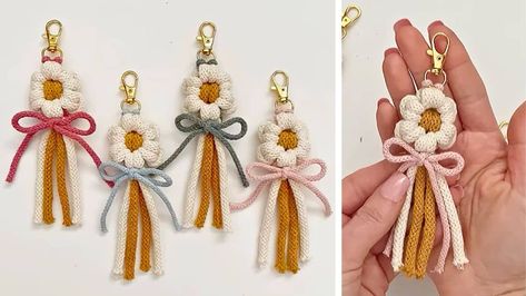 Do you want to learn how to macrame? Start with this easy and beginner-friendly daisy keychain! Find the instructions here. Easy Macrame Keychain, Diy Solar Water Fountain, Macrame Daisy, Macrame Making, Daisy Keychain, Giant Bubble Wands, How To Macrame, Drink Covers, Easy Macrame