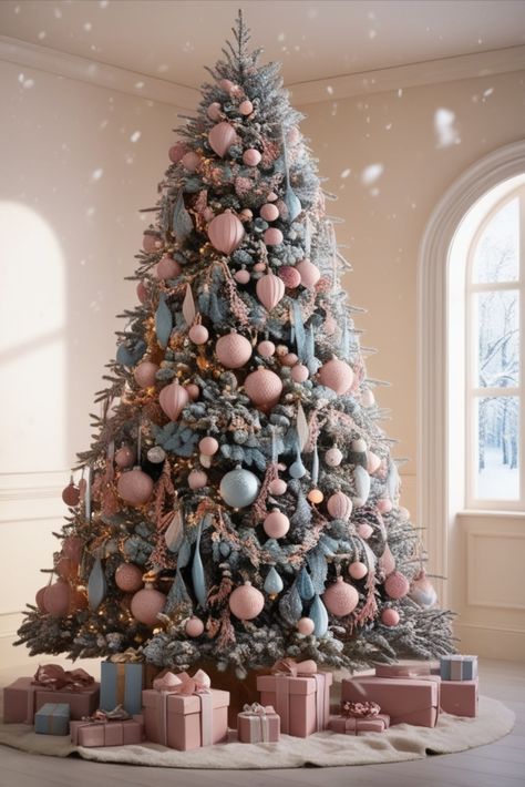 Bring a whimsical touch to your holiday decor with a cotton candy-themed Christmas tree! Learn how to blend blush pink and ice blue for a charming and dreamy display that delights everyone. Pink Blue Gold Silver Christmas Tree, Candy Themed Christmas Tree, Candy Christmas Trees, Christmas Tree Color Schemes, Christmas Color Schemes, Pastel Christmas Tree, Christmas Tree Colour Scheme, Pastel Christmas Decor, Enchanted Christmas