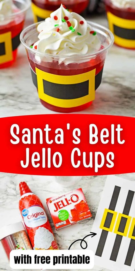 Santa Recipes, Preschool Christmas Party, Christmas Party Snacks, Fun Holiday Treats, Santa Snacks, Pumpkin Roll Cake, Jello Cups, Santa Belts, Easy Christmas Treats