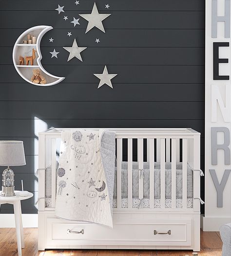 Space Theme Nursery Boys, Universe Nursery, Spaceship Nursery, Outer Space Nursery Boy Rooms, Night Themed Nursery, Neutral Space Theme Nursery, Space Theme Nursery, Night Time Nursery Theme, Lunar Nursery Theme