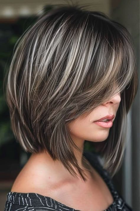 40 Trendsetting Medium-Length Layered Haircuts for 2024 - The Hairstyle Edit Chin Length Hair Over 50, Heavy Layers Medium Hair, Rambut Brunette, Haircuts For Medium Length Hair, Layered Haircuts For Medium Hair, Blending Gray Hair, Hair 2024, Gray Hair Highlights, Medium Hairstyles