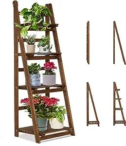 Idzo Solid Pine Wood Stand Vintage Rustic Plant Shelves Beautify Bedroom, Entryway, Balcony Convenient Foldable Ladder Shelf, High-Temperature Decarbonization, Easy to Clean, Brown Wood Ladder Shelf, Foldable Ladder, Bookcase Ladder, Small Plant Pots, Ladder Plant Stand, Wooden Ladder Shelf, Leaning Shelf, Corner Plant, Support Pour Plante