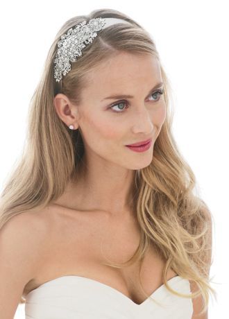 This beautiful ribbon headband is an elegant alternative to a traditional headpiece!  Ribbon features casted rhodium floral side motif that is accented with gorgeous pave crystals.  Floral motif measures 5" and is attached to a 2 yard ribbon.  Imported. Head Peices, Joanna Garcia, Bridal Hair Down, Bride Head, Veil Headpiece, Bride Tiara, Simple Wedding Hairstyles, Wedding Hairstyles With Veil, Tiara Hairstyles