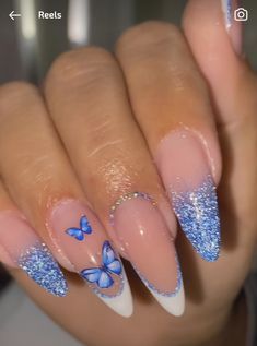 Blue Butterfly Nails Almond, Winter Butterfly, Waste Of Time, Almond Nail, Butterfly Nail, Cute Butterfly, Nail Pro, Nail Inspiration, Nails On Fleek