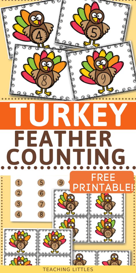 This simple counting activity teaches kids one-to-one correspondence while counting and improves fine and visual motor skills. Thanksgiving Activities Preschool Art, Thanksgiving Counting Activities Preschool, Thanksgiving Small Group Activities Preschool, Thanksgiving Counting Activities, Prek Thanksgiving, Preschool Turkey Activities, Turkey Bulletin Boards For Preschool, Turkey Numbers Preschool, Turkey Counting Preschool