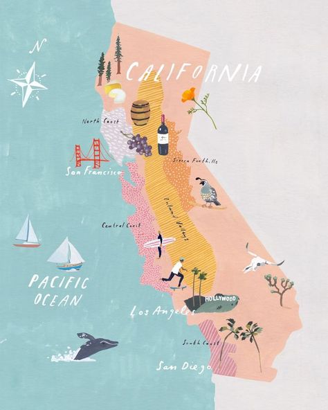 Maps Illustration Design, Wine Company, Travel Infographic, Posca Art, California Map, Travel Illustration, Illustrated Map, Travel Maps, Creative Packaging Design