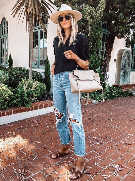 Brown Sandals Outfit, Celine Belt, Boyfriend Jeans Outfit, Summer Night Outfit, Jeans Outfit Summer, Ripped Boyfriend Jeans, Fashion Jackson, Sandals Outfit, Outfit Jeans