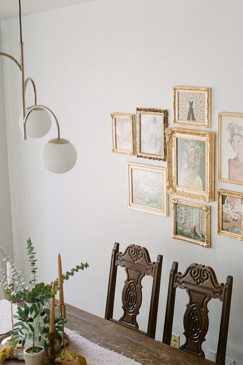 Dining Room Gallery Wall of GOld frames. Modern Victorian style home decor, modern jane austen, rococo Home Wall Gallery Ideas, Feminine Dining Room Decor, Jane Austen Home Decor, Jane Austen Interior Design, Modern Jane Austen Aesthetic, Parisian Gallery Wall, Feminine Dining Room, Cottagecore Gallery Wall, Cottages House