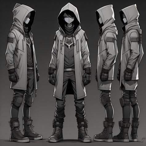 Hooded Cyberpunk Character, Tech Wear Drawing Reference, Techwear Drawing Reference, Techy Character Design, Glove Design Concept, Modern Hunter Character Design, Vigilante Outfit Character Design, Techwear Outfits Drawing, Stealthy Character Design