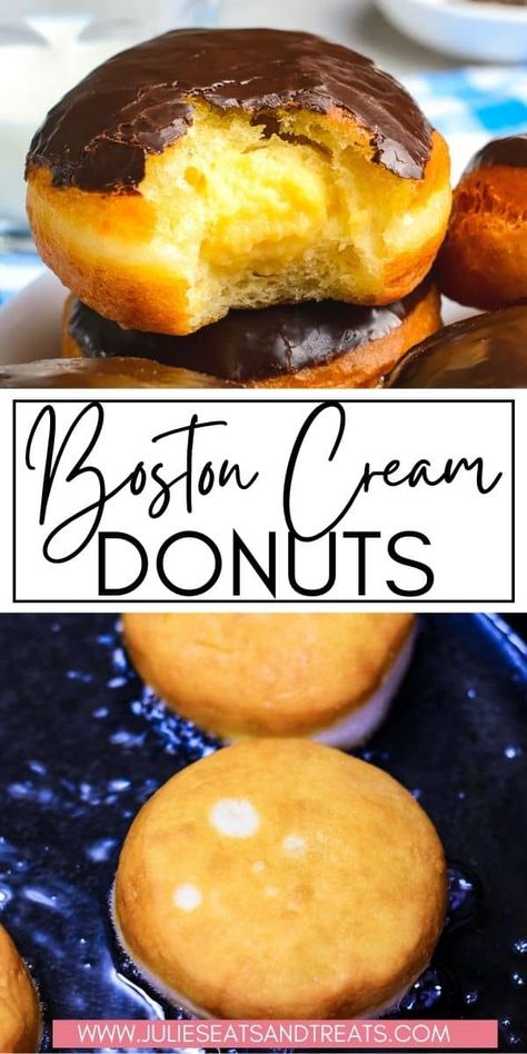 Soft, airy homemade donuts that are filled with a rich, creamy custard and topped with a decadent chocolate glaze! Thanks to this delicious recipe you can make your favorite Boston Cream Donuts at home. Boston Cream Eclair, Eclair Donut Recipe, Boston Cream Puffs, Eclair Recipes, Cream Donut Recipe, Donuts At Home, Boston Cream Donut, Cream Filled Donuts, Donuts Recipes