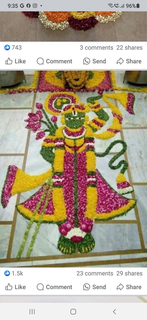 Flower Rangoli For Janmashtami, Krishna Flower Rangoli, Goverdhan Puja Images, Shreenathji Rangoli Design, Rangoli From Flowers, Rangoli With Flowers, Flower Rangoli Designs, Govardhan Puja, Poo Kolam